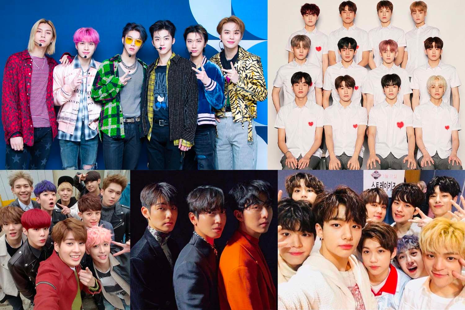 กลุ่มศิลปินชายเกาหลียืนรวมตัวกันสวมเสื้อผ้าหลากหลายสไตล์ทั้งสีสันและลายพิมพ์