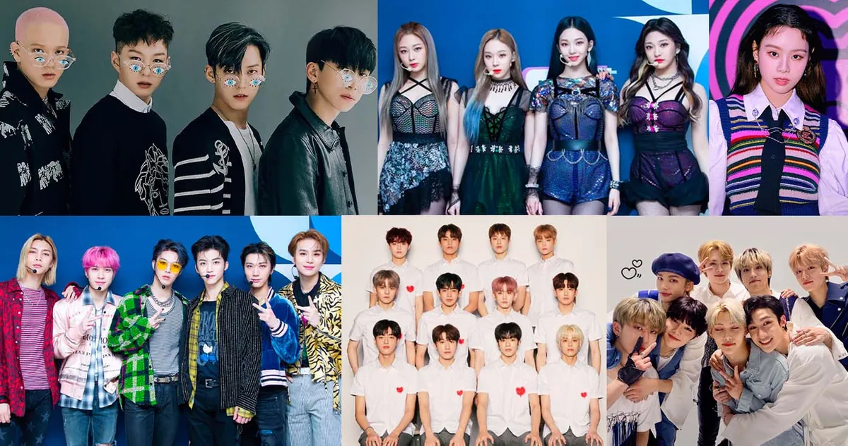 ภาพรวมของไอดอลเกาหลีชื่อดังจากหลายวงที่ยืนด้วยกันในชุดหลายแนว