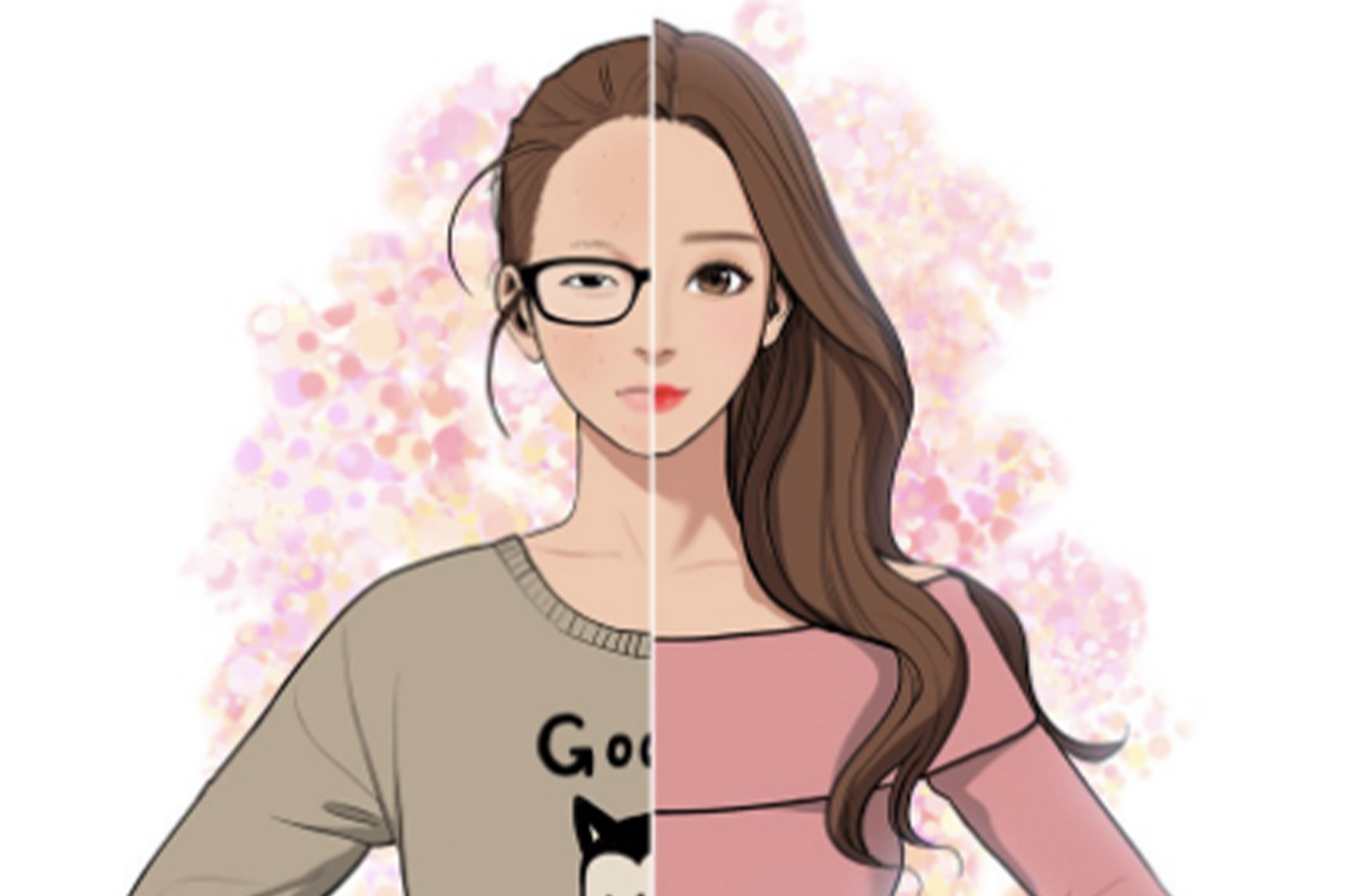 女神降臨漫畫主角特寫圖，左側著貓圖案毛衣，右側著粉紅色上衣，兩張不同風格的圖合成。