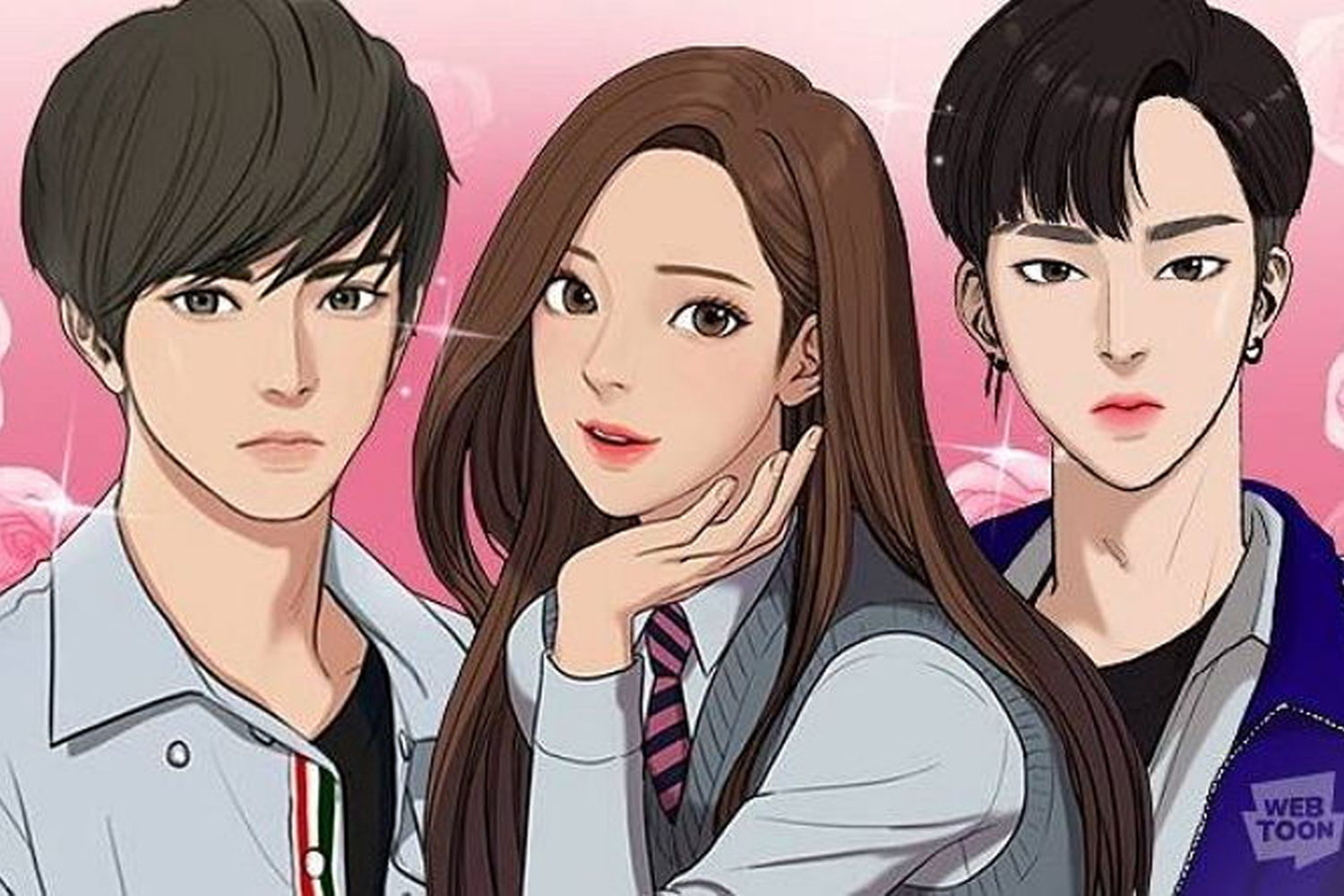 女神降臨漫畫角色，背景粉紅色，三名角色並肩站立，衣著風格各異，畫風浪漫。