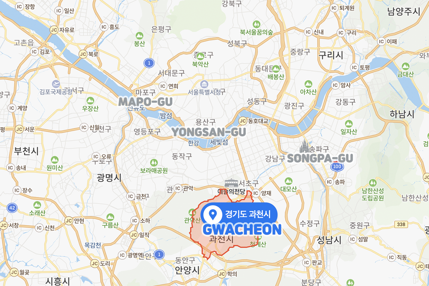 Karte von Seoul mit markiertem Standort von Gwacheon, der Geburtsstadt von Jin, einem Mitglied von BTS, hervorgehoben. Die Karte zeigt die Nähe zu Songpa-gu in Seoul, wo Jin zur Schule ging.