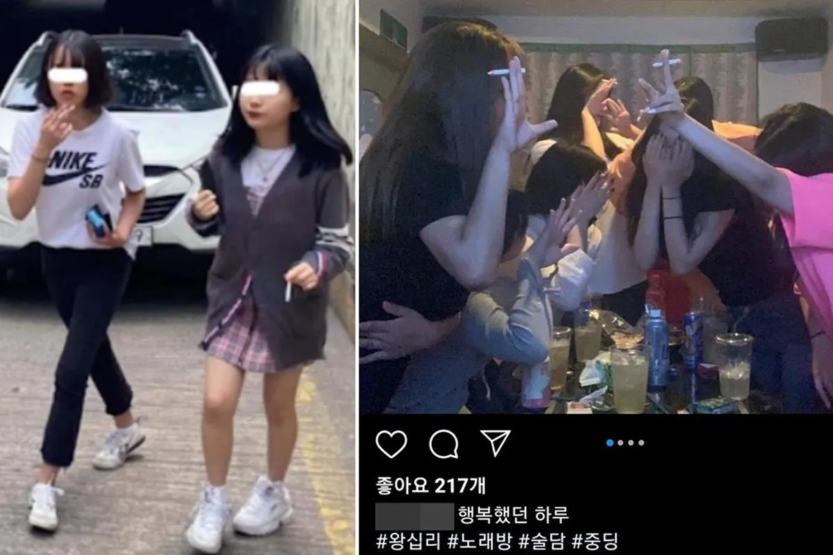 วัยรุ่นสวมสูทเดินในถนนเกาหลีใต้ การสูบบุหรี่ของวัยรุ่นเป็นปัญหาทางสังคม