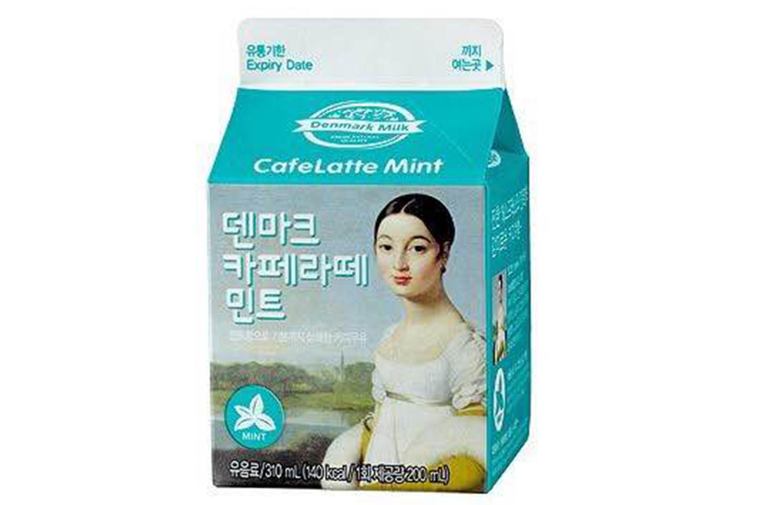 丹麥咖啡拿鐵薄荷口味的特殊包裝，以著名畫像作為背景，強調其獨特性。