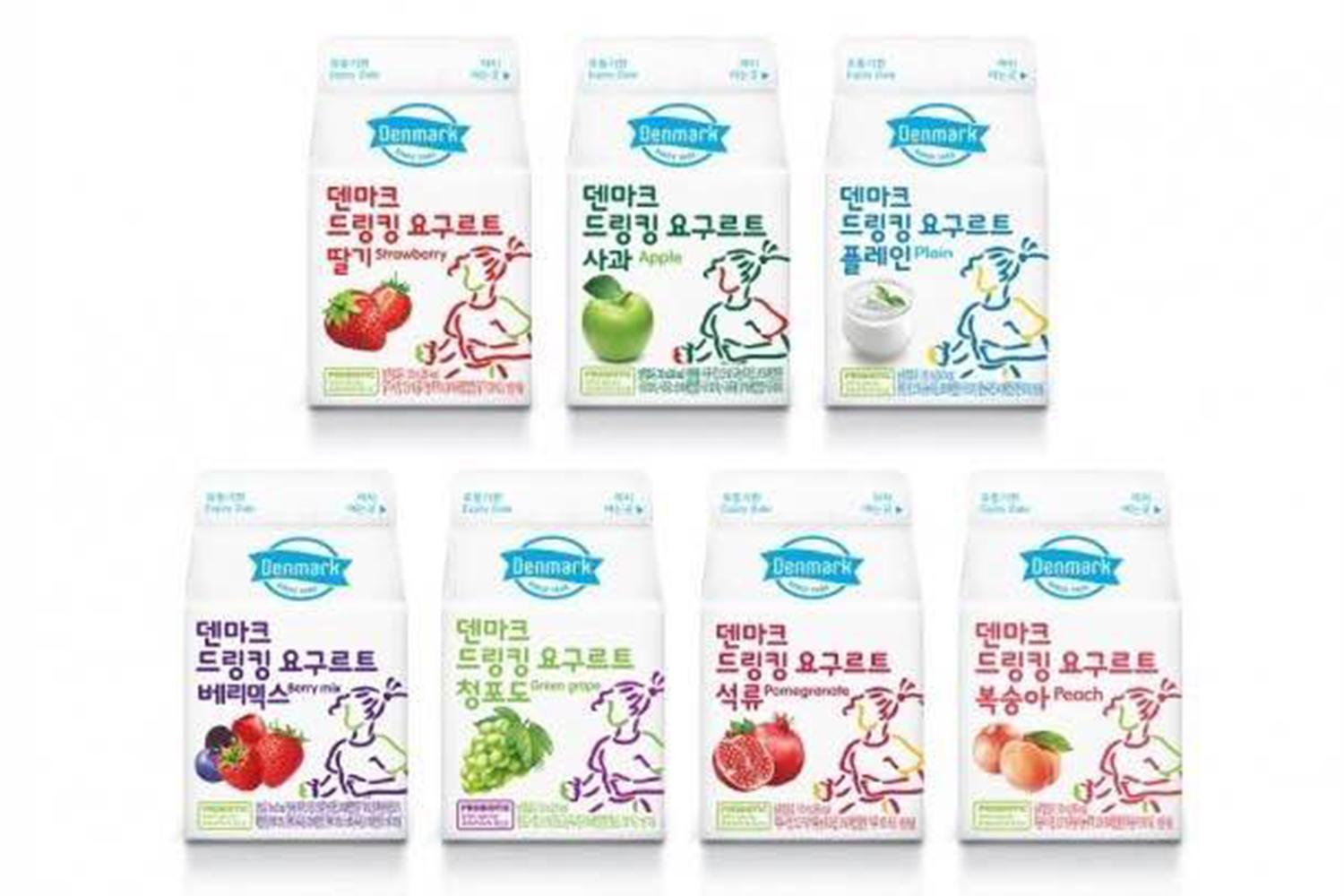 包括草莓、蘋果、原味等不同口味的丹麥飲用優格，排列在一起，展示出多樣性。