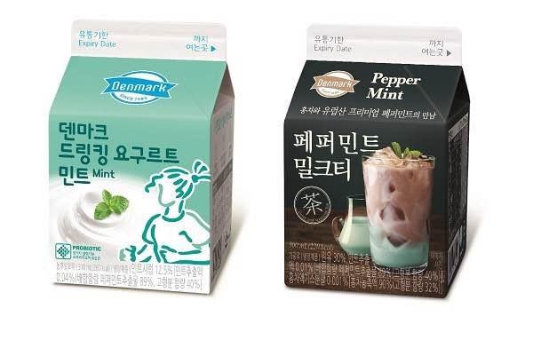 丹麥飲用優格的產品展示，包括薄荷口味與其他特色的優格飲品。