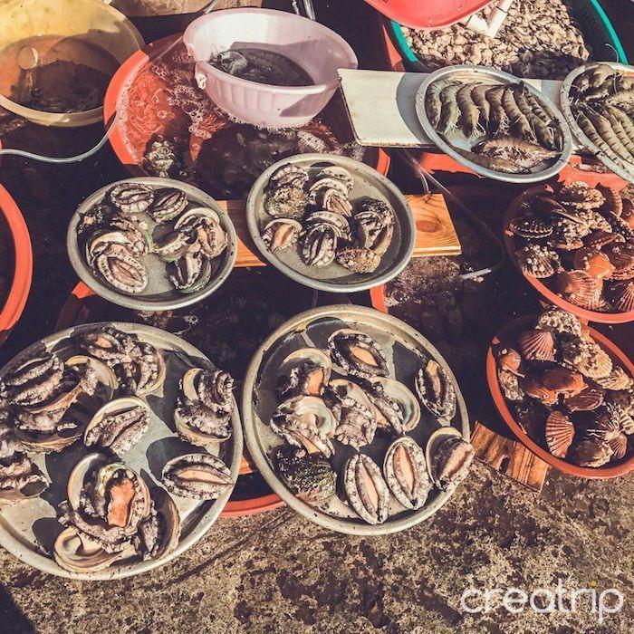Variety of shellfish displayed in bowls at a seafood market in Tongyeong.