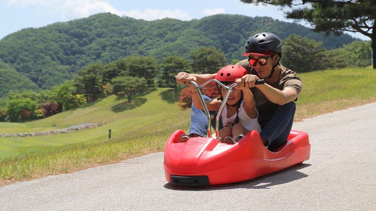 An adult and child wearing helmets riding a red luge cart down a hillside surrounded by greenery.