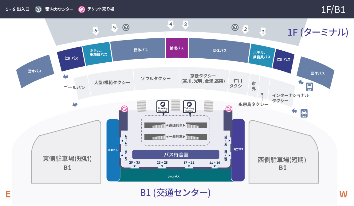 仁川空港第2ターミナルのバス乗り場案内図。
