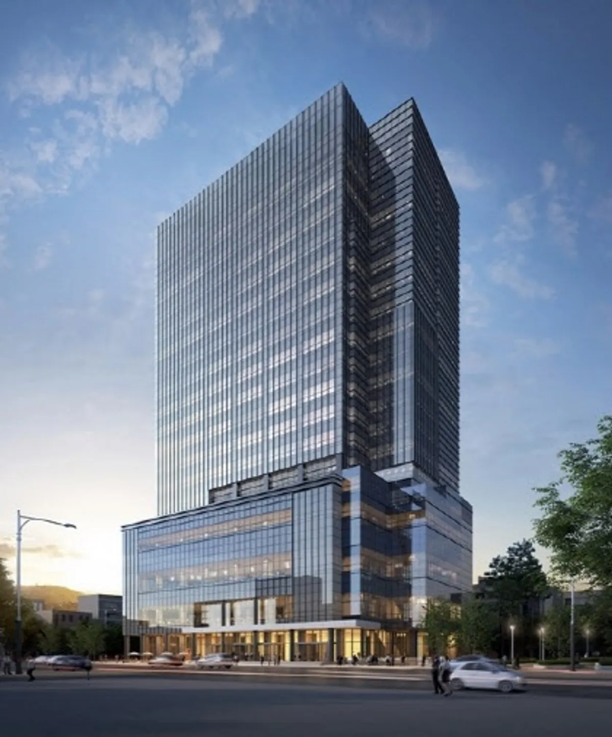 Big Hit娱乐的总部大楼，展示这座建筑的全景图，突显其现代设计及位置的优势。