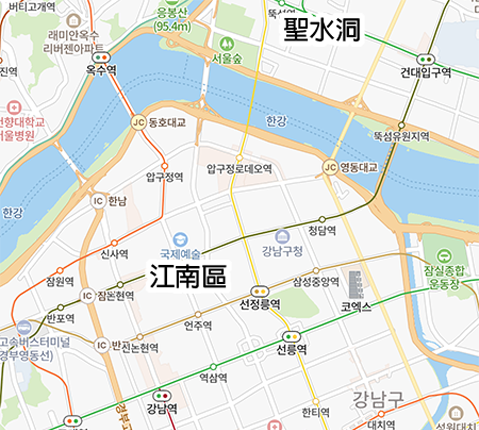 圣水洞地图，标记SM娱乐新办公室位置及其与江南区的距离，强调公司搬迁后的地理优势。