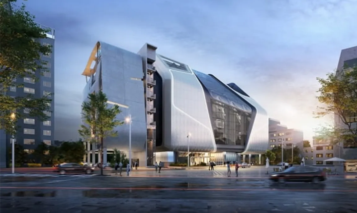 YG娱乐公司的新办公室大楼，图像展示了现代化建筑风格和夜间灯光效果。