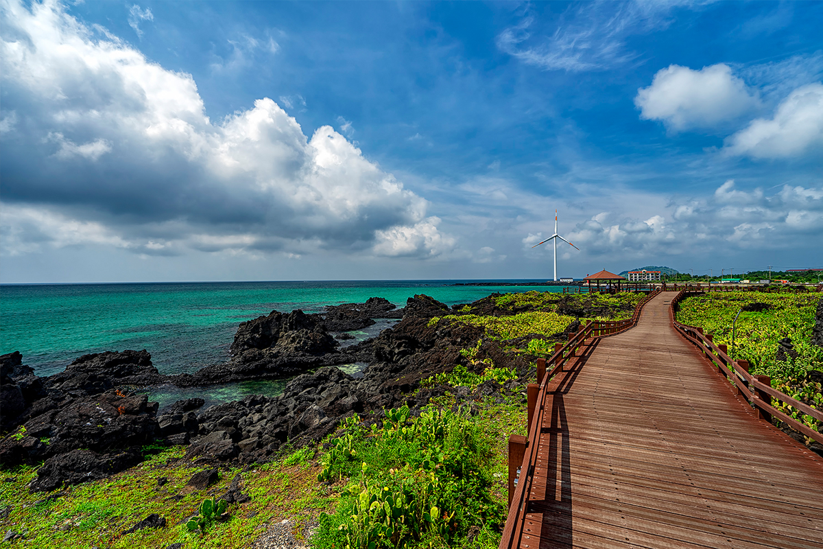 濟州的自然美景，展示蔚藍的海洋、晴朗的天空以及一條木製步道旁的火山岩和綠地，表現出濟州的自然景觀。