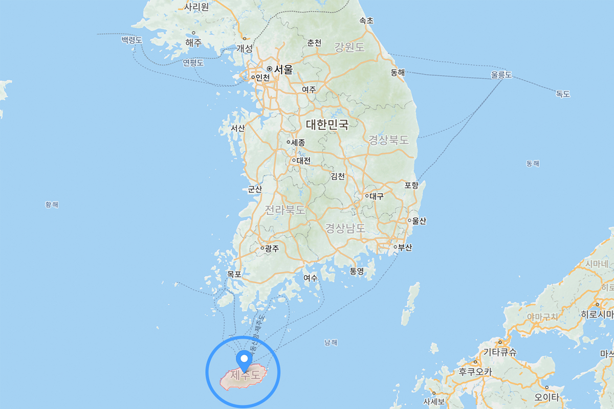 濟州島在韓國位置的地圖，顯示濟州島作為韓國最大的離島，位於韓國南部的海域。