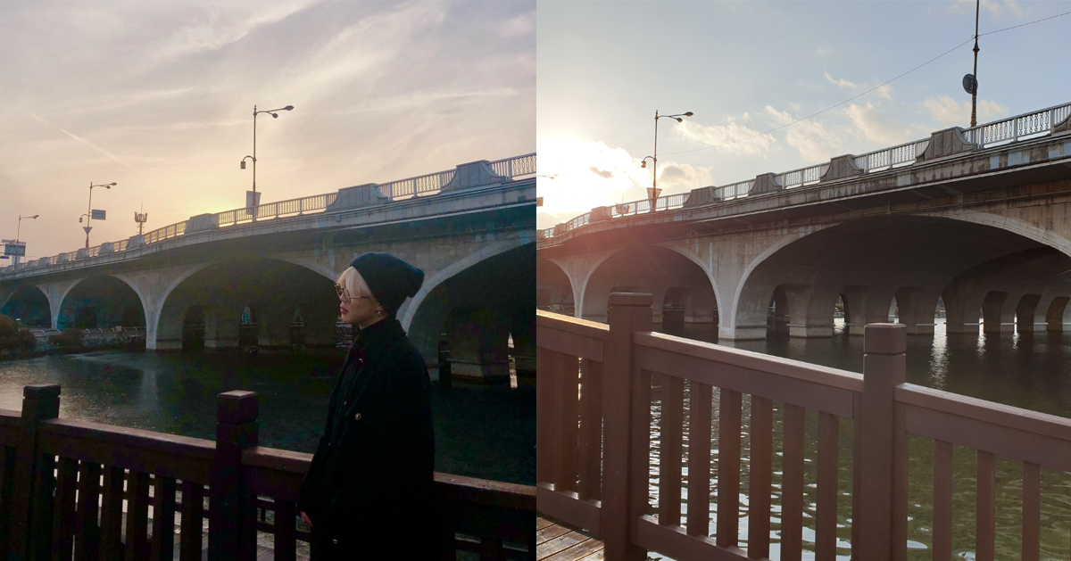 韓國一山湖水公園的橋樑照片，日落時的溫柔光照在橋樑上