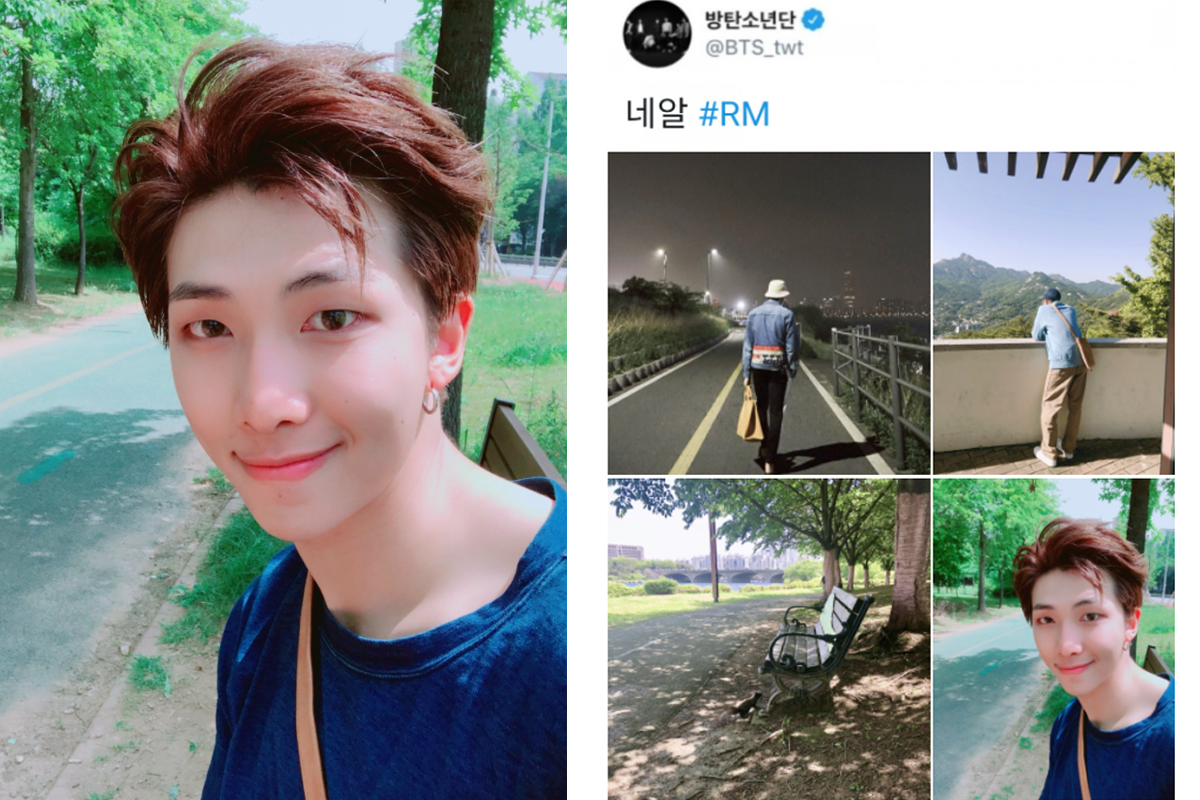 社交媒體上展示了RM在戶外散步的多張照片，背景中有樹木和河流
