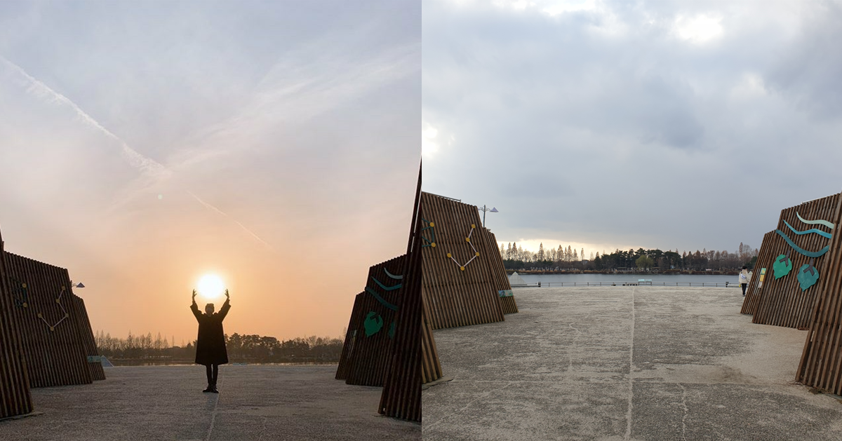 韓國一山湖水公園的日落照片，拍照地點有著獨特的木製結構