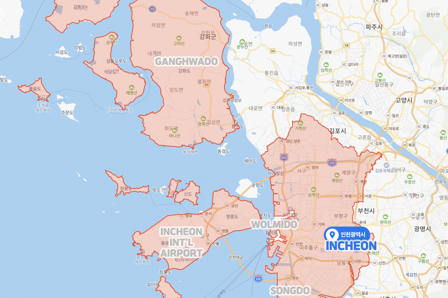 incheon close-up map in korea