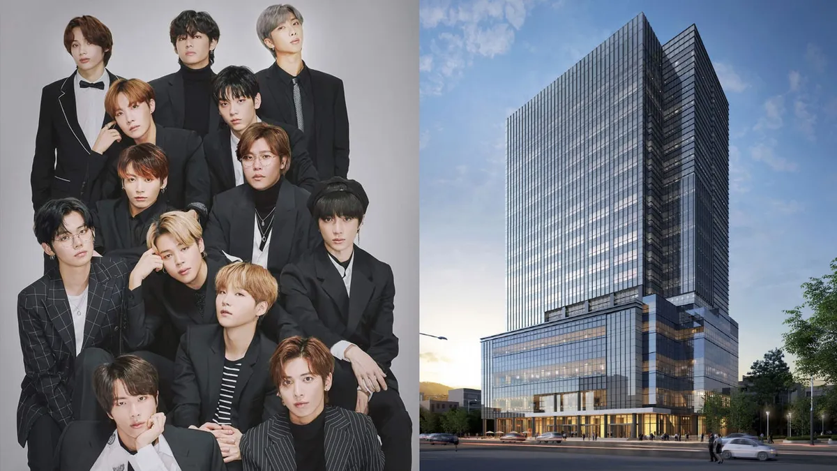 ภาพกลุ่มคนสวมสูทสีดำโพสถ่ายรูปคู่กับตึกสำนักงานสูงที่มีดีไซน์ทันสมัย, แสดงถึงความเป็นมืออาชีพและความสำเร็จในการทำงานในกรุงโซล