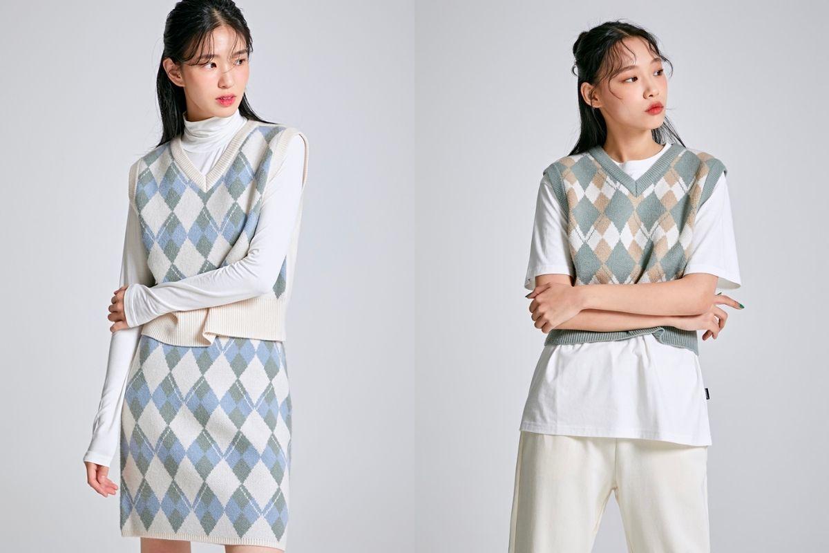 Áo gile len Argyle (크롭 아가일 베스트_SPKVB49G01) spao