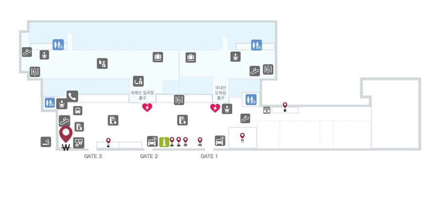 แผนที่ของอาคารผู้โดยสารสนามบินนานาชาติแทกู แสดงตำแหน่งต่าง ๆ ของบริการและประตูทางเข้า