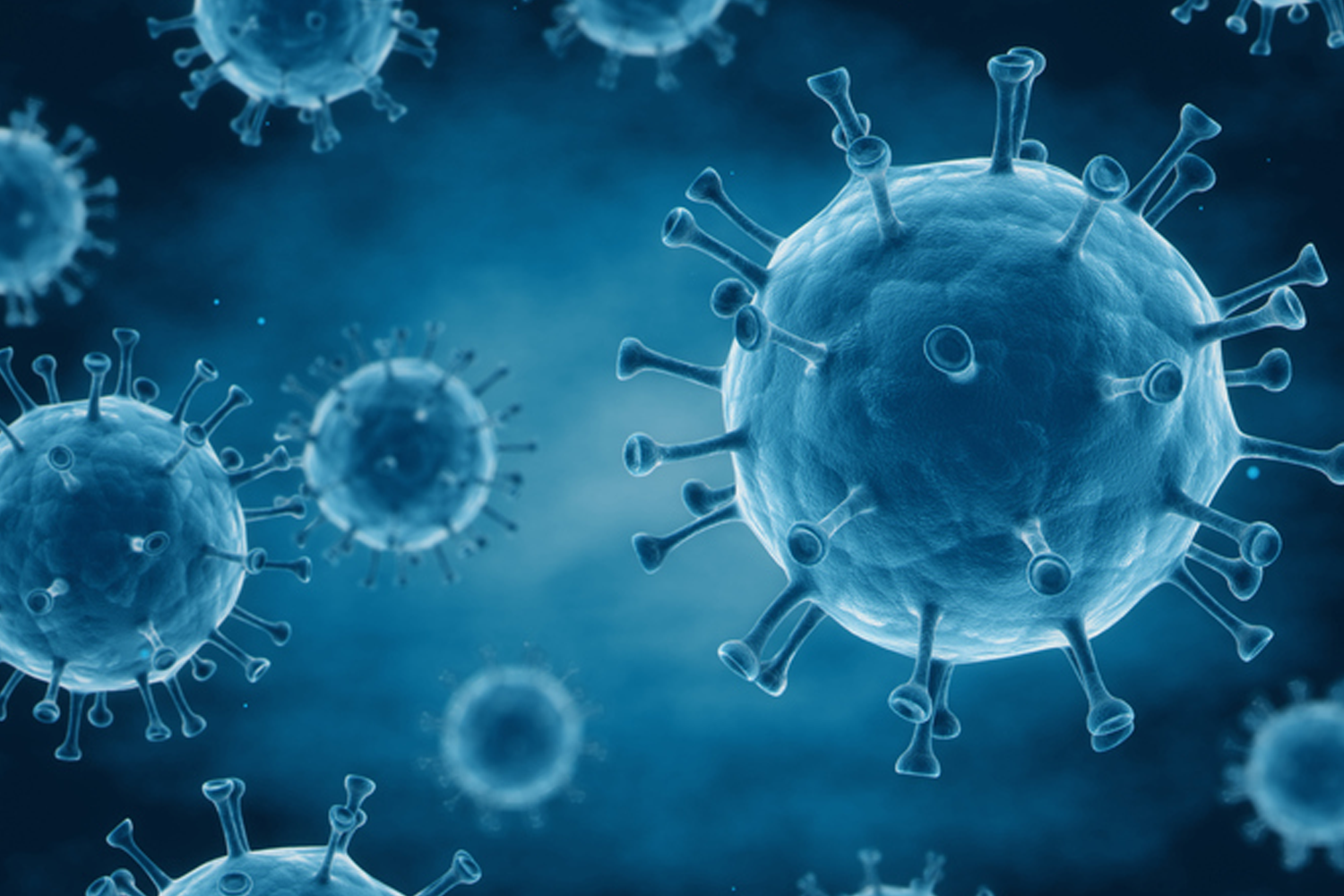 新冠病毒顯微鏡圖像。病毒以藍色背景顯示，強調其結構和突出物。