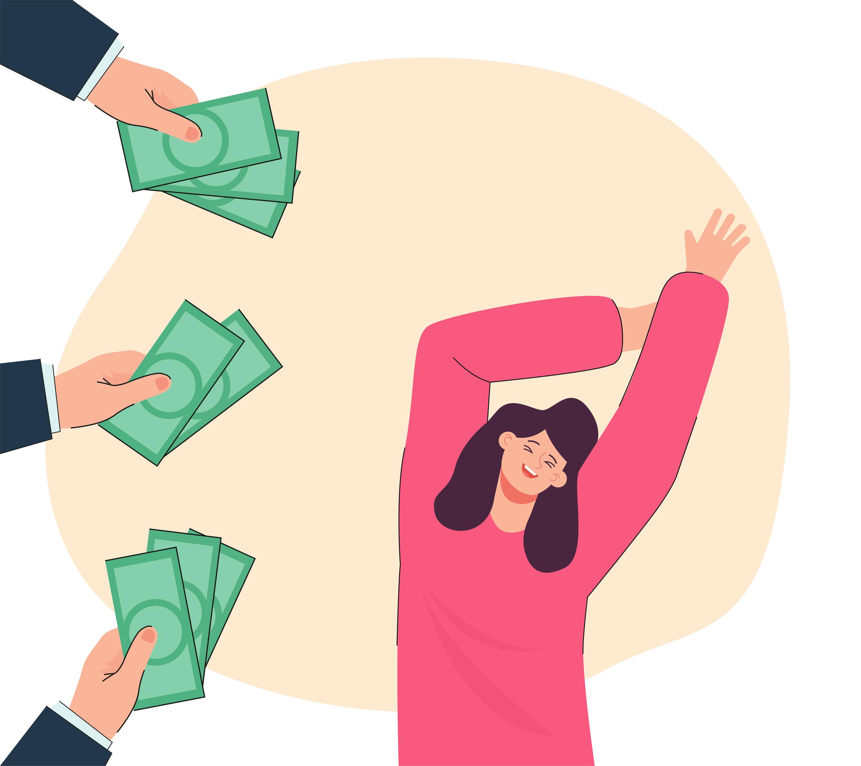 韓国のギフト文化で一番人気のプレゼントである現金を受け取っている人のイメージ。ピンクのセーターを着た女性が両手を振り、周りから現金を受け取って嬉しそうな表情をしている。背景に淡い黄色がアクセントになっている。