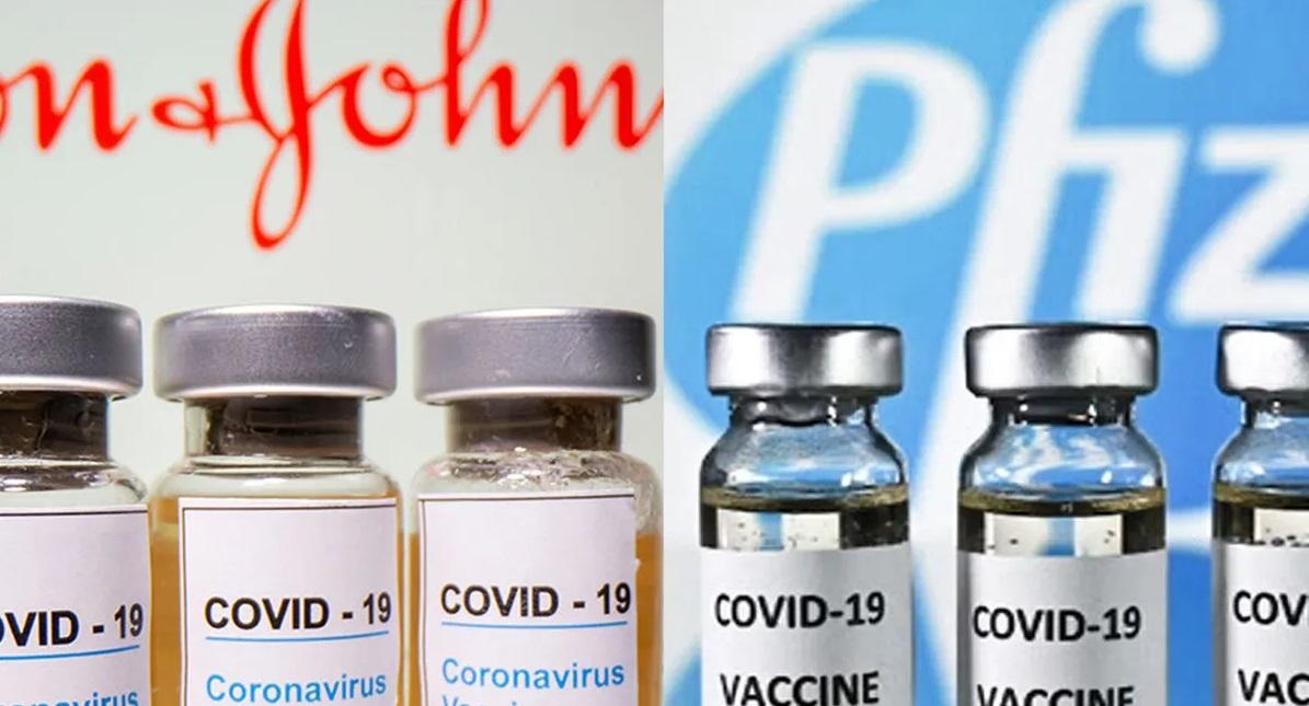 ขวดวัคซีนโควิด-19 จากบริษัท Johnson & Johnson และ Pfizer ที่อยู่ระหว่างการพัฒนาเพื่อป้องกันไวรัสโคโรนา