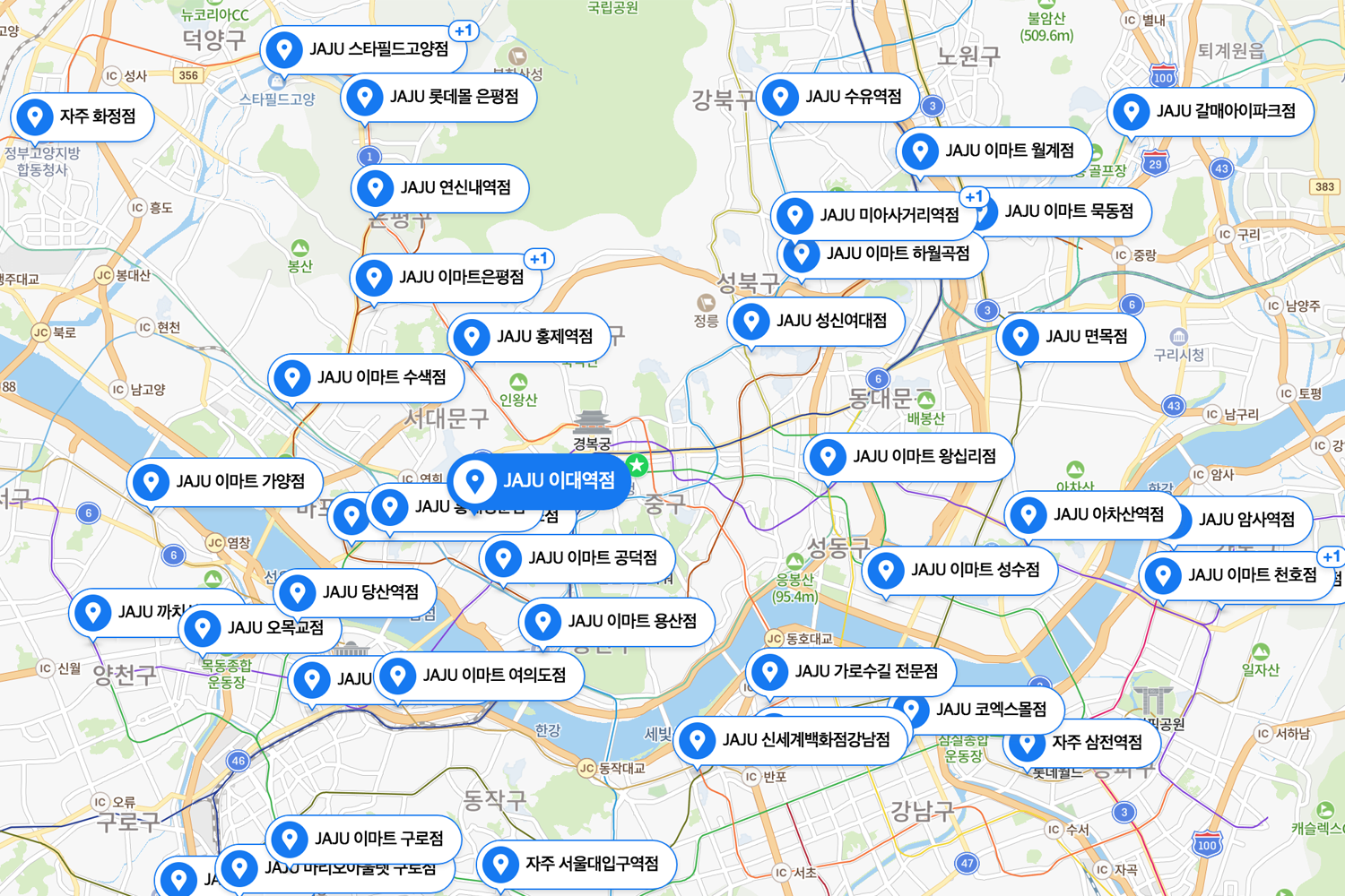 這是一張顯示韓國JAJU門市地圖的圖片，上面標註了不同地區門市的地點，非常方便消費者查找。