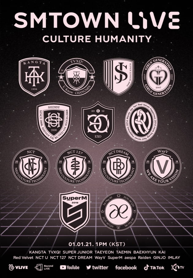 SMTOWN LIVE演唱會海報，包括KANGTA、東方神起、SUPER JUNIOR、少女時代太妍、SHINEee泰民、EXO伯賢同KAI、Red Velvet、NCT、WayV、SuperM、aespa等團體徽章。