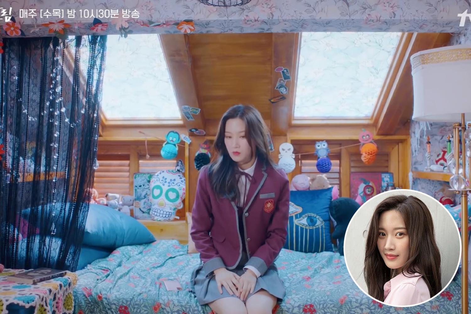 True Beauty bedroom filled with horror movie props, blue bedroom with a window skylight