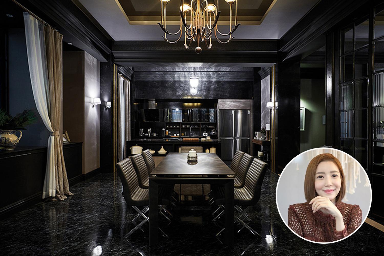 dining room and kitchen is all black with very luxurious design points in the korean drama sky castle