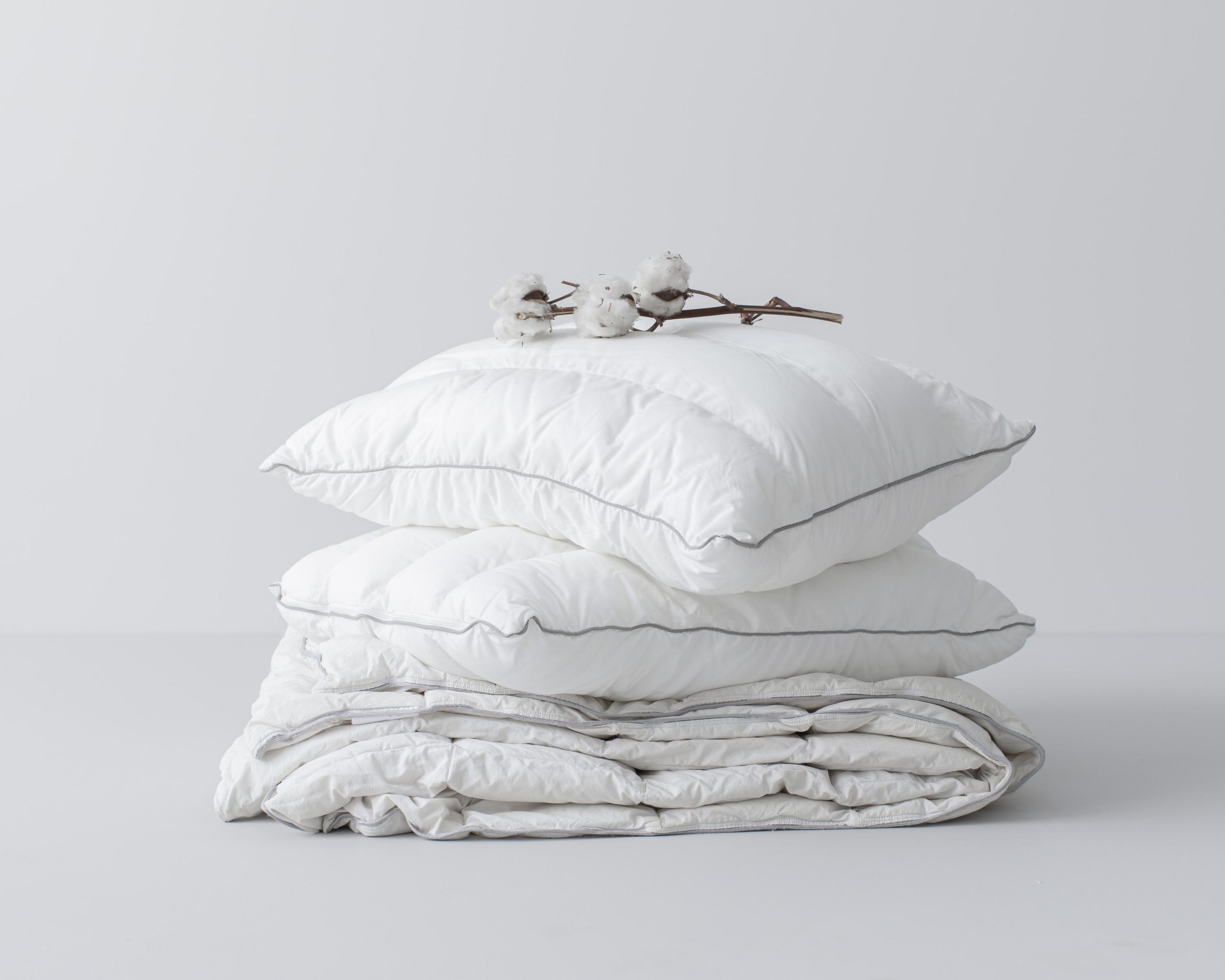 白いシーツと綿花のブランチが飾られたクリーンでミニマルな室内の画像。快適な居住空間と清潔感のシンボルです。