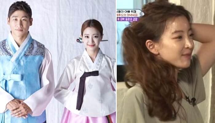 李秀智著住傳統韓服，孖住老公李根鎬喺一個專業攝影棚中影緊相。旁邊係佢喺綜藝節目入邊愁悶嘅截圖。