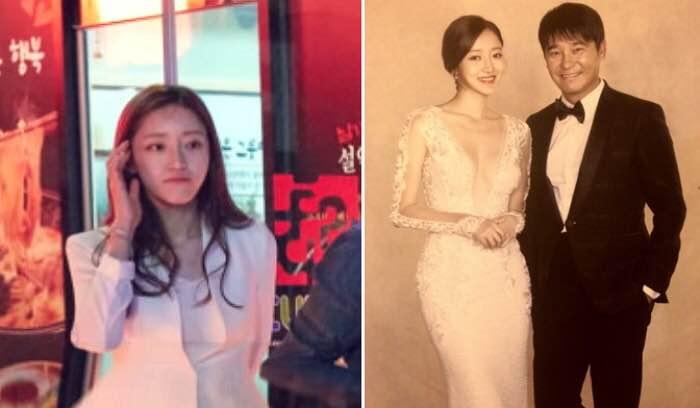 徐夏豔喺酒吧外邊等緊，身穿一件白色禮裙。旁邊係佢同老公任昌丁嘅婚禮相，相中兩人穿著盛裝。