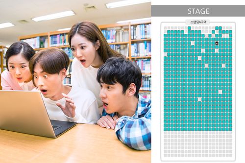 getting tickets to a concert in Korea image of people crowded around a laptop, next to seating selection option for venue 