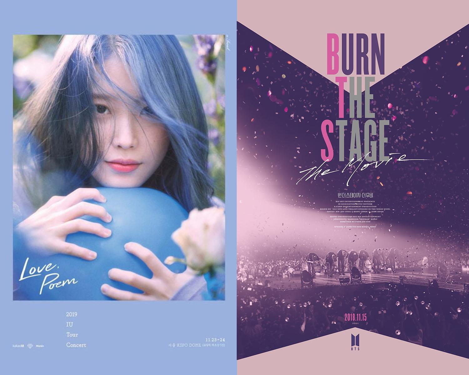 concert poster for IU's love poem tour next to BTS Burn the Stage poster