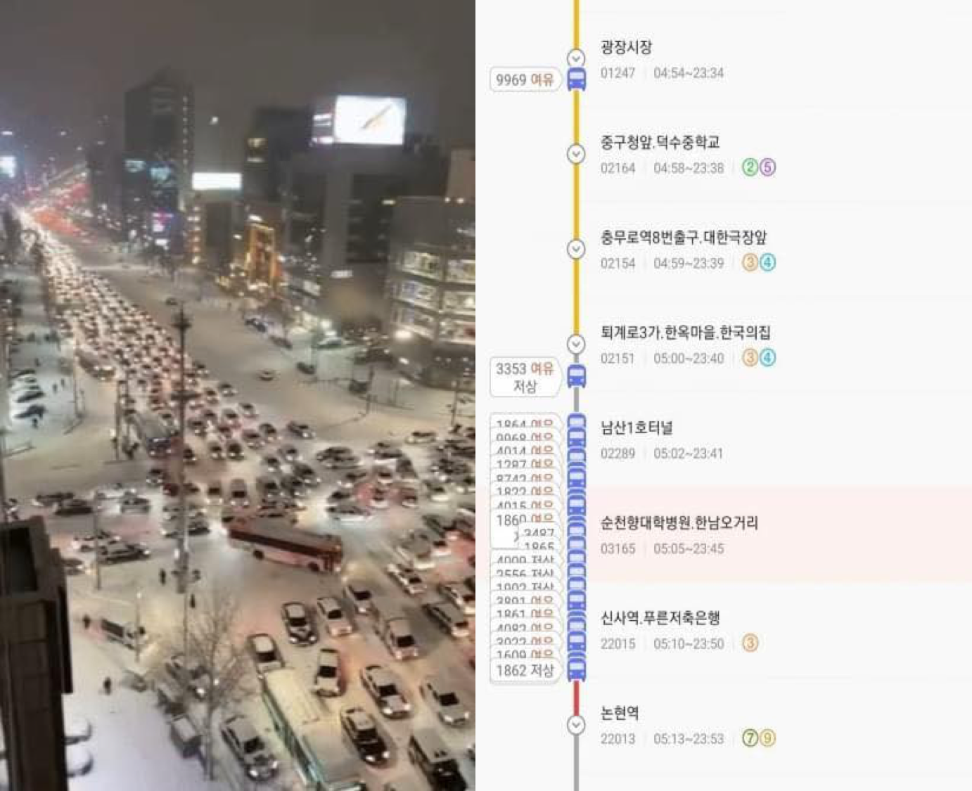 Cảnh kẹt xe nghiêm trọng vào ban đêm ở Seoul do tuyết dày, với hàng dài xe chờ đổ trên con đường.