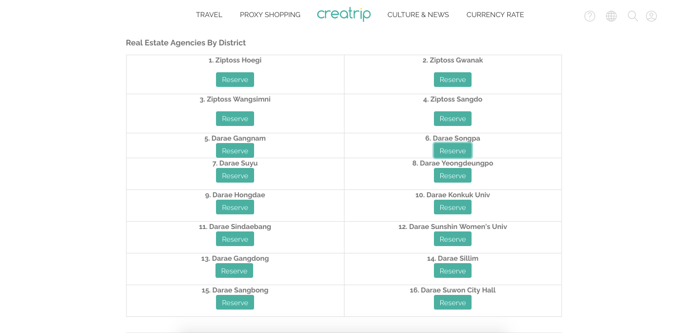 screenshot of creatrip finding an apartment in seoul blog with real estate agencies by district