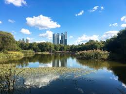 pond at seoul forest with tall apartment buildings in the background in seonggdong-gu seoul korea