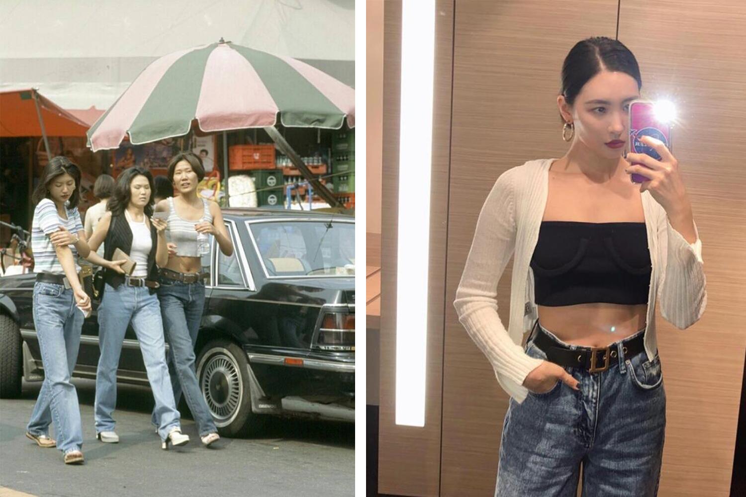 korean street fashion of stonewashed jeans and a cropped tee in the 90s by three women walking on the street next to sunmi in 2020