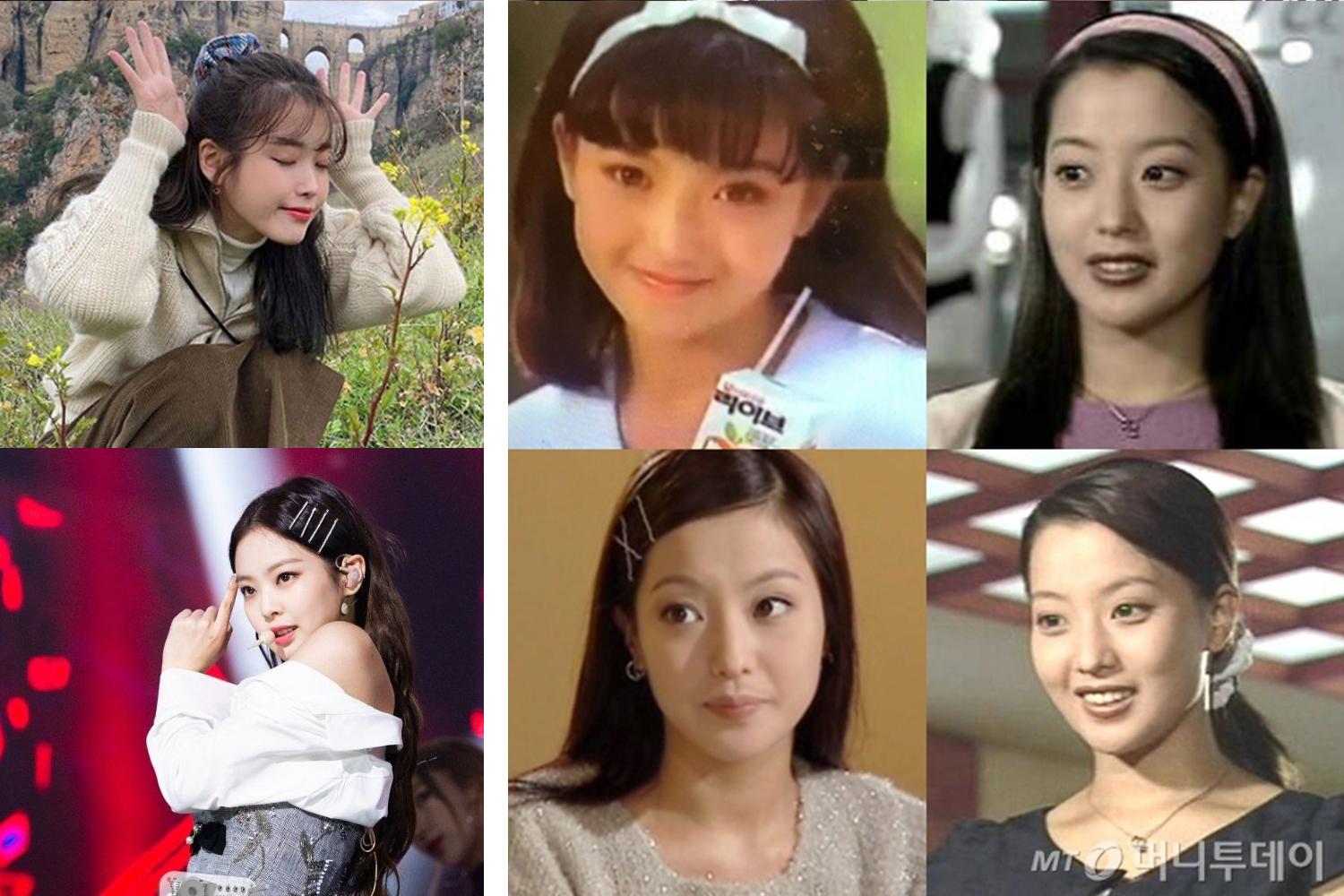 những người nổi tiếng Hàn Quốc IU và jennie đeo phụ kiện tóc như scrunchies và kẹp tóc, bên cạnh hình ảnh Kim heesun đeo băng đô, scrunchies và kẹp tóc