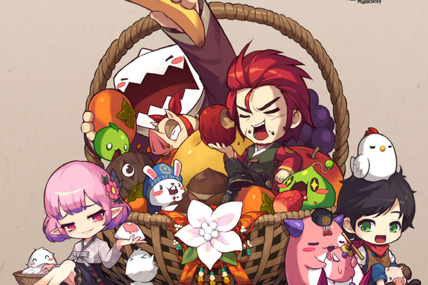 新楓之谷遊戲角色插圖，顯示不同的卡通角色在籃子裡聚會，表現出多彩和歡樂的氣氛。