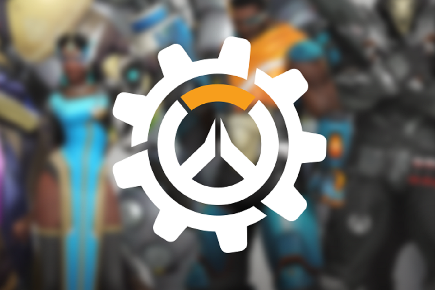 Overwatch遊戲的標誌，背景為多彩的遊戲角色，展示其動作性和多樣性。