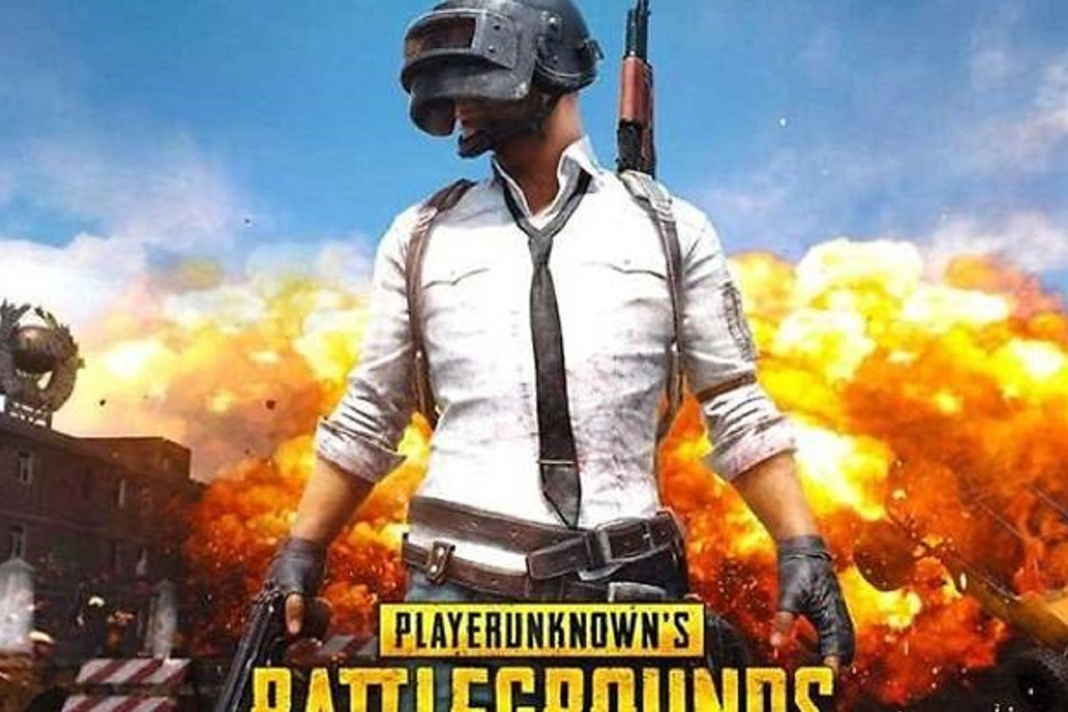 絕地求生遊戲的角色帶著頭盔，手持武器，背景是爆炸場景，給人緊張刺激的感覺。