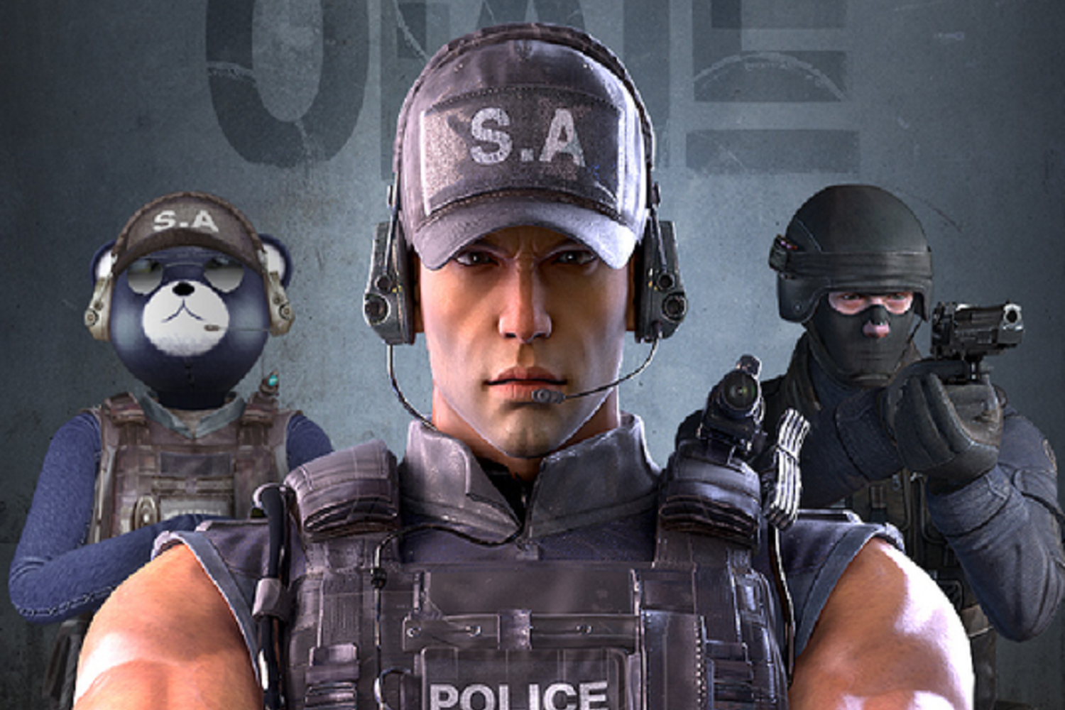 突擊風暴遊戲角色的騎士裝，三名角色持槍立於銀灰背景前，顯示出狙擊手的專業與硬朗。