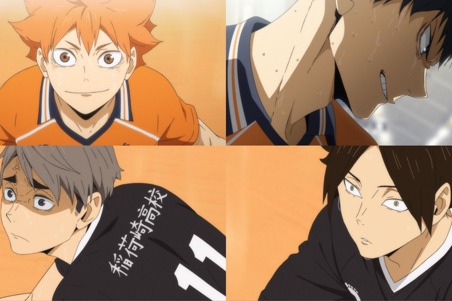 アニメ『ハイキュー!!』のバレーボール試閤中のキャラクターたち。緊迫した試合の様子が伝わる4コマ漫画風のコマ。