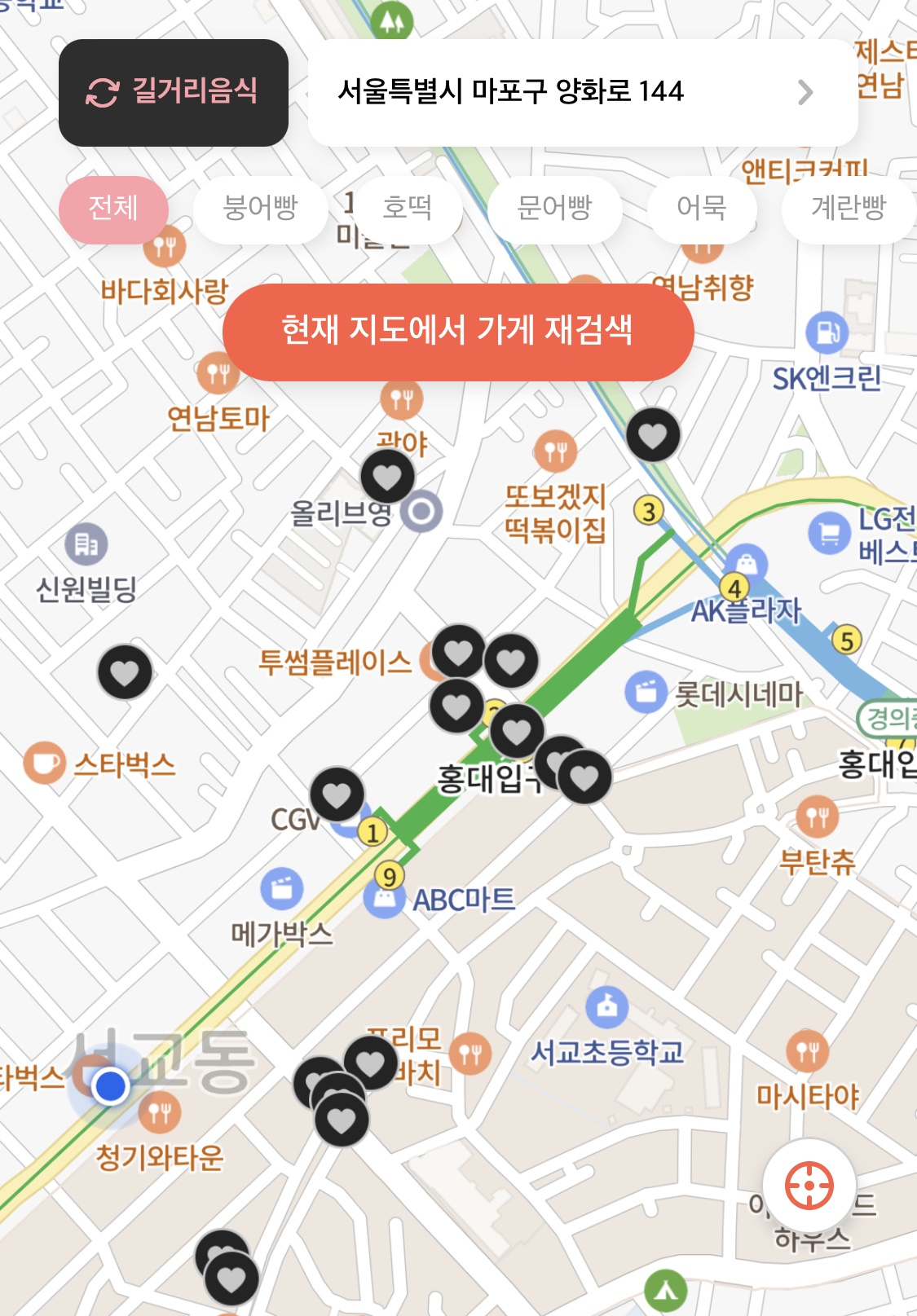 붕세권 アプリでたい焼き屋台を検索するモバイル画面。ソウルの地図上に複数の屋台が示されています。