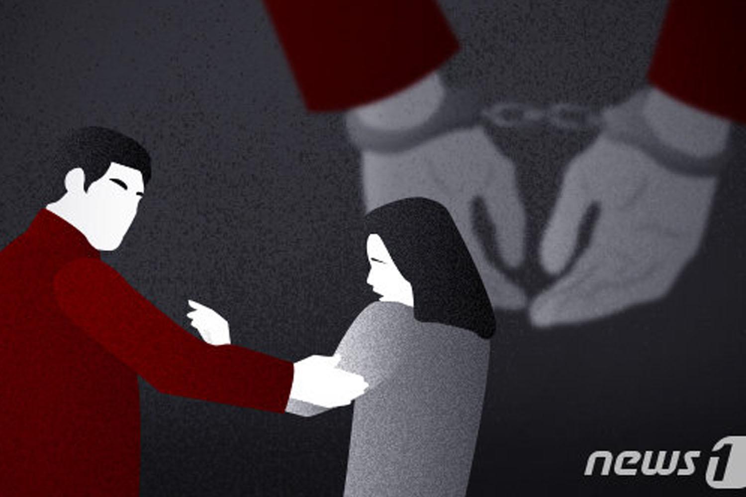 ภาพกราฟิกผู้ชายและผู้หญิงทะเลาะกัน ตำรวจถูกใช้มือจับหญิงสาว