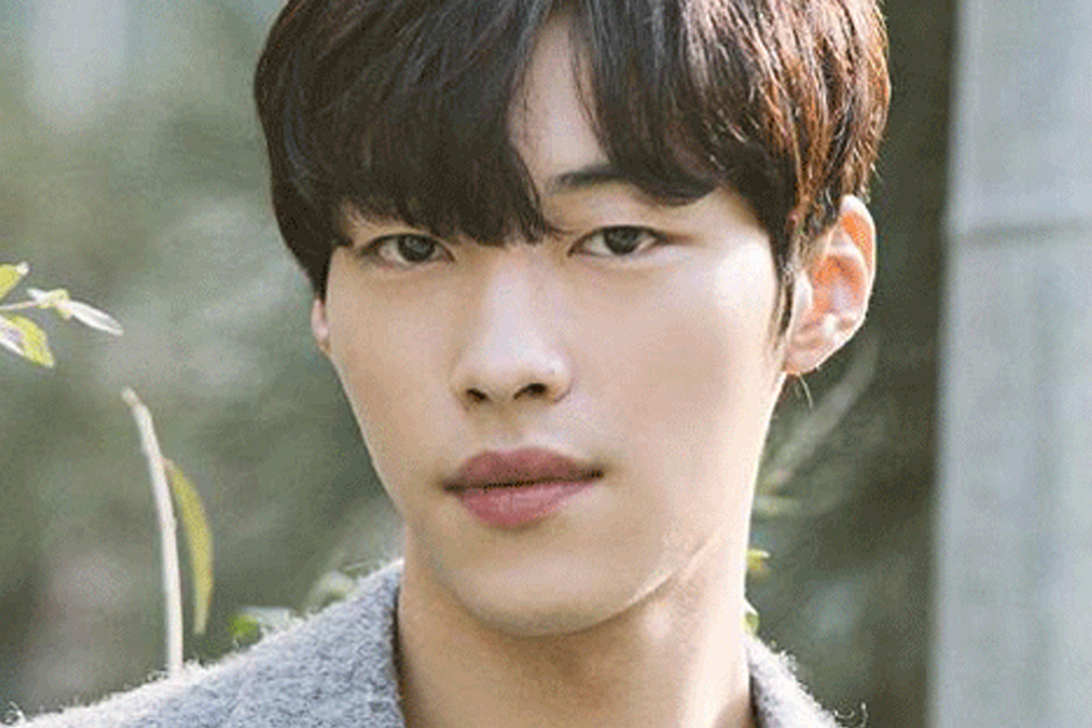 韓國演員禹棹煥身穿灰色大衣，站在户外，背景為綠色植物及光線柔和的環境。