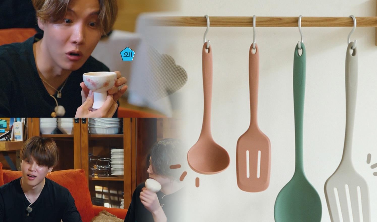 คำบรรยายภาพ: การสาธิตการใช้ถ้วยชาและวัตถุดิบในการทำอาหารเกาหลีร่วมสมัย พร้อมอุปกรณ์เครื่องครัวยอดนิยมของเกาหลีที่แขวนอยู่ในครัวทันสมัยเพื่อสร้างบรรยากาศการเสิร์ฟอาหาร